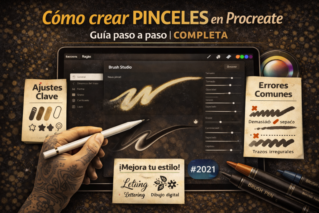 Ilustración digital mostrando el proceso para crear pinceles personalizados en Procreate desde cero