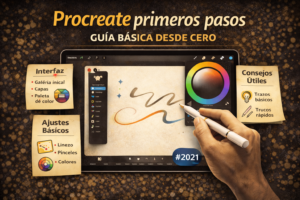 Ilustración digital que muestra la interfaz de Procreate en iPad con las herramientas básicas, ideal para principiantes que dan sus primeros pasos en la app.