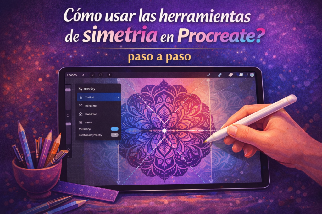 Ilustración digital creada en Procreate que muestra el uso de las herramientas de simetría para dibujar formas y lettering de manera equilibrada