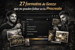 Ilustración urbana en negro, blanco y dorado sobre ajustes de Procreate para lettering y caligrafía, dirigida a diseñadores, tatuadores y creativos digitales