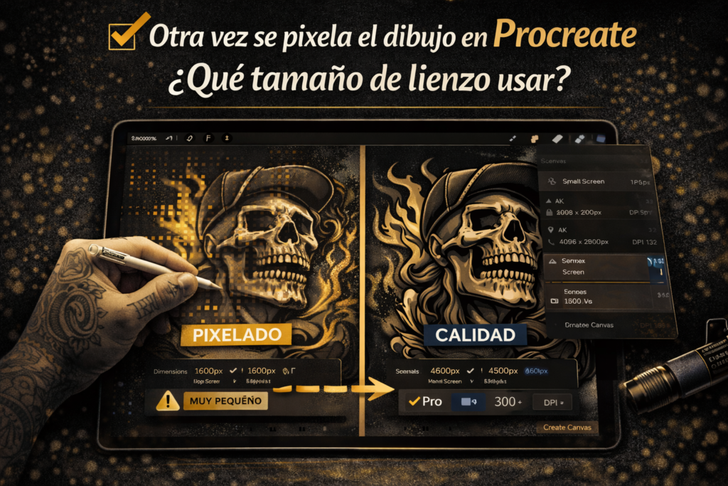 Ilustración en Procreate mostrando un dibujo pixelado por usar un tamaño de lienzo incorrecto y la comparación con un lienzo bien configurado