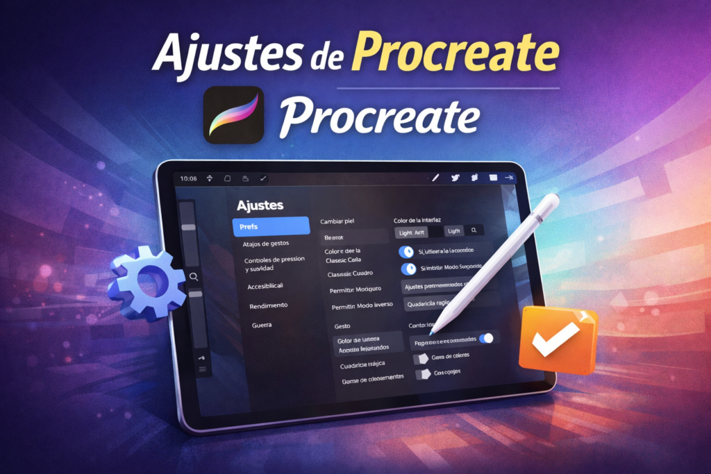 Pantalla de ajustes de Procreate en iPad para configurar preferencias de dibujo, gestos y rendimiento