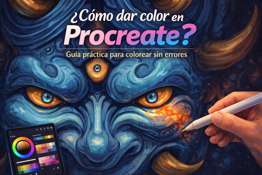 Ilustración digital coloreada en Procreate mostrando el proceso de aplicación de color, capas y pinceles en iPad