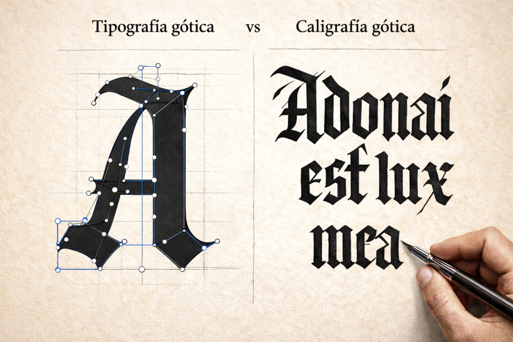 Imagen comparativa de tipografía gótica y caligrafía gótica; a la izquierda, una letra gótica vectorial con trazado geométrico, puntos de ancla y guías visibles, y a la derecha, texto de caligrafía gótica escrito a mano con pluma sobre pergamino.