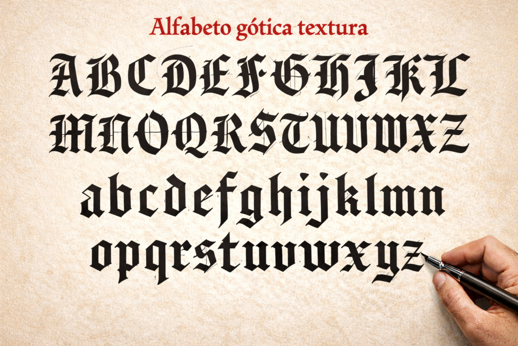 Imagen visual de un alfabeto completo en gótica textura, con letras mayúsculas y minúsculas negras sobre fondo de pergamino, trazos angulares y compactos propios de la escritura gótica textura, composición clara y ornamental de estilo medieval.