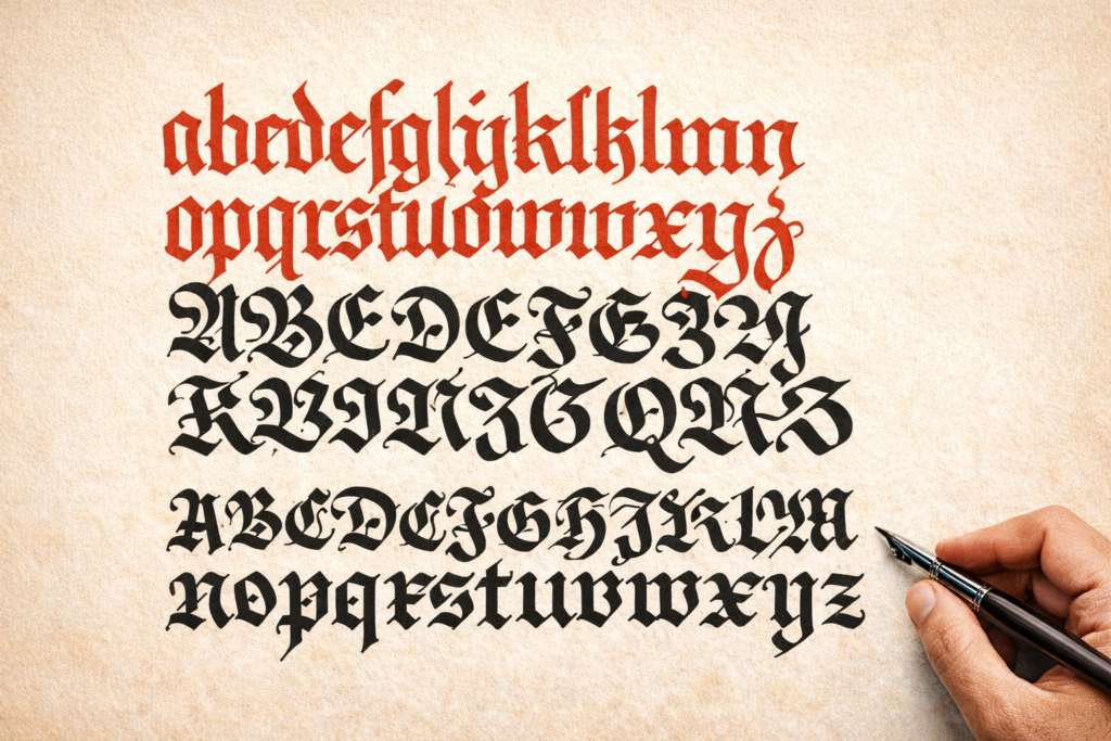 Imagen de un abecedario completo en caligrafía gótica Fraktur, con letras minúsculas en tinta roja y mayúsculas en tinta negra, escritas a mano con trazos angulosos y fracturados sobre fondo claro, mostrando el estilo tradicional de la escritura Fraktur.