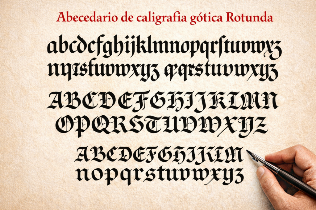 Imagen de un abecedario completo en caligrafía gótica Rotunda, con letras mayúsculas y minúsculas escritas a mano en tinta negra sobre fondo claro, trazos más redondeados y abiertos característicos de la gótica Rotunda, composición limpia y visual de estilo medieval.