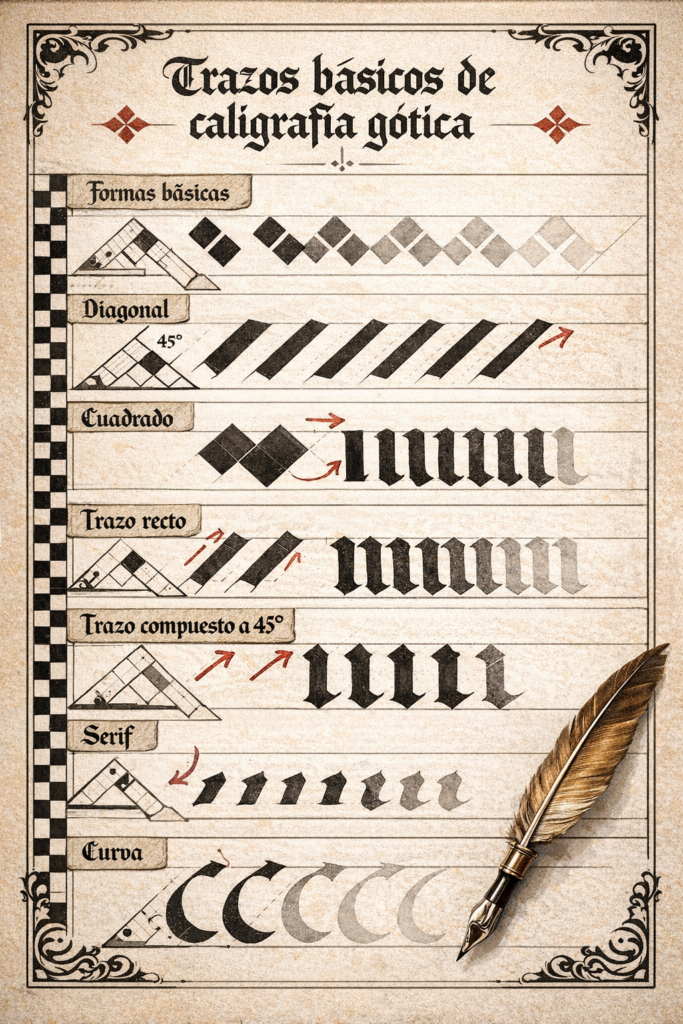 Imagen didáctica y vistosa que muestra los trazos básicos de la caligrafía gótica, incluyendo formas diagonales a 45°, trazos rectos, cuadrados, serifas y curvas, explicados paso a paso sobre fondo de pergamino, con indicaciones de dirección y ángulo propias del estilo gótico.