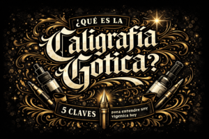 Caligrafía gótica en estilo blackletter con estética urbana y tattoo en colores negro, oro y blanco