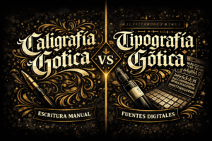 Comparación visual entre caligrafía gótica y tipografía gótica con estética urbana en colores negro y oro