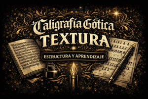 Caligrafía gótica textura en estilo blackletter con manuscritos y herramientas de práctica en tonos negro y oro