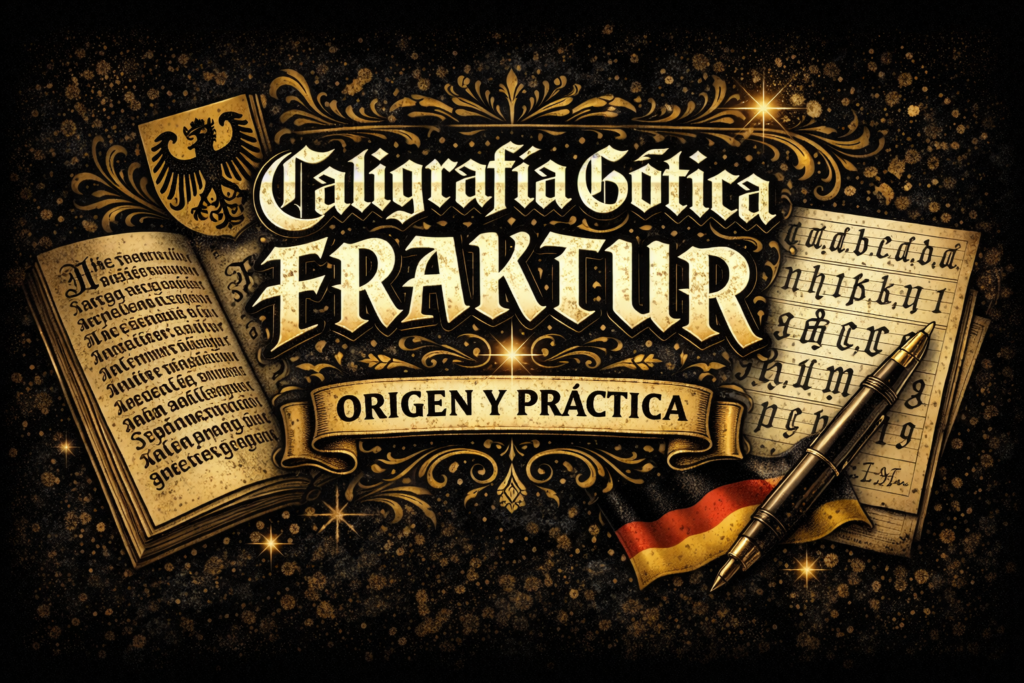 Caligrafía gótica fraktur con manuscritos y herramientas de escritura en estética clásica alemana