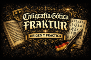 Caligrafía gótica fraktur con manuscritos y herramientas de escritura en estética clásica alemana