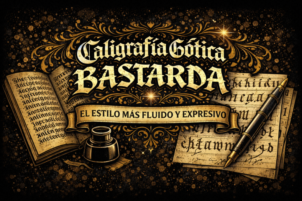 Caligrafía gótica bastarda con letras fluidas y expresivas, manuscritos y herramientas de escritura en tonos negro y oro