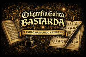 Caligrafía gótica bastarda con letras fluidas y expresivas, manuscritos y herramientas de escritura en tonos negro y oro
