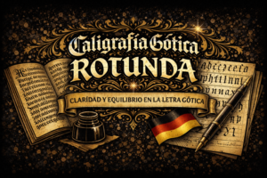 Caligrafía gótica rotunda con letras redondeadas y legibles, manuscritos y herramientas de escritura en tonos negro y oro