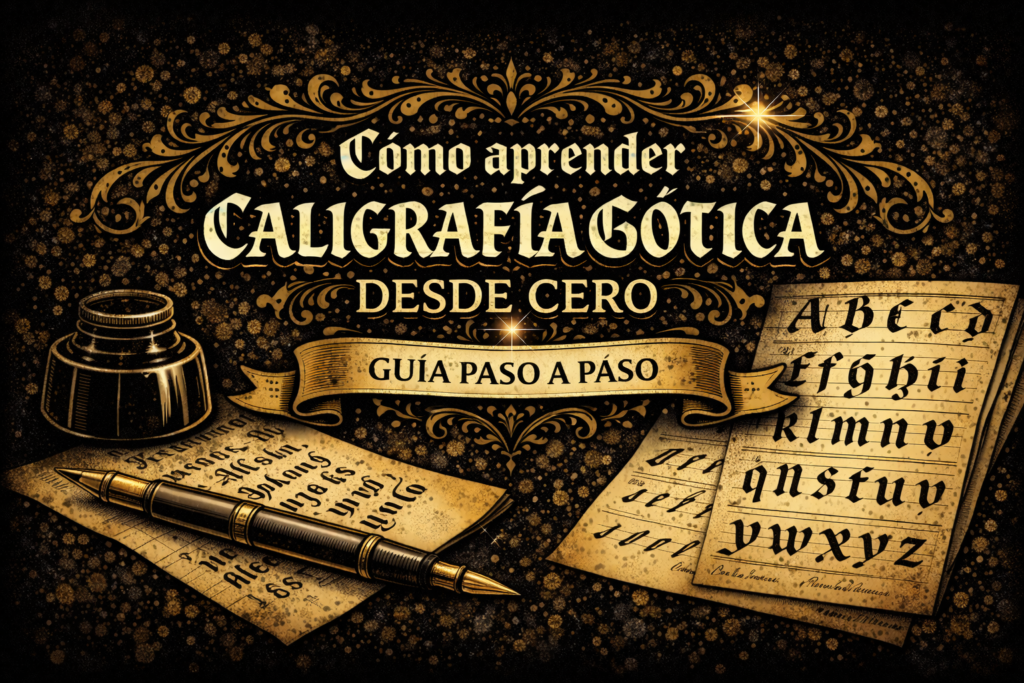 Aprender caligrafía gótica desde cero con herramientas básicas, trazos y alfabetos en estilo blackletter