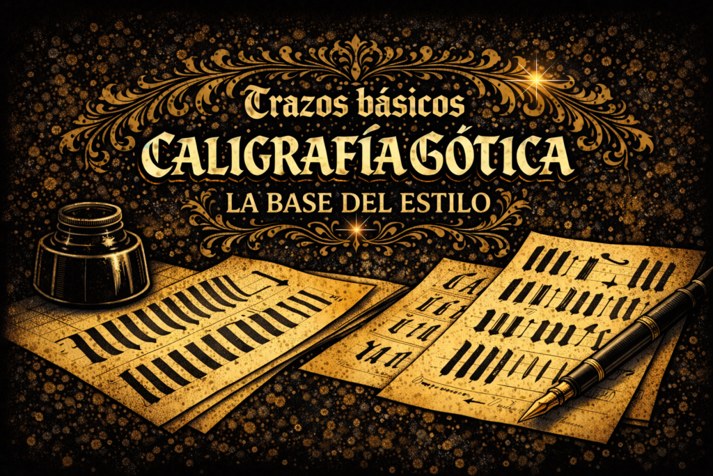 Trazos básicos de la caligrafía gótica con ejercicios de práctica, pluma y hojas de entrenamiento en estilo blackletter