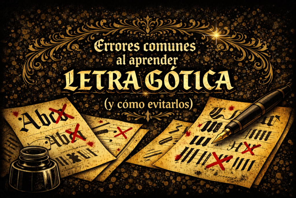 Errores comunes al aprender letra gótica con ejemplos marcados y ejercicios incorrectos en caligrafía gótica