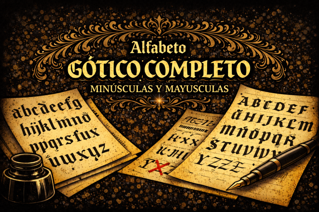 Alfabeto gótico completo con letras minúsculas y mayúsculas en estilo blackletter, hojas de práctica y pluma