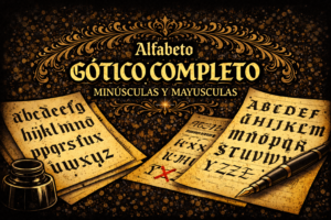 Alfabeto gótico completo con letras minúsculas y mayúsculas en estilo blackletter, hojas de práctica y pluma