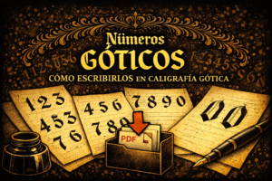 Números góticos escritos en caligrafía gótica con hojas de práctica, tinta y pluma sobre fondo negro y dorado