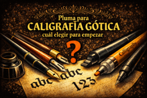 Diferentes plumas para caligrafía gótica, incluyendo plumillas de punta plana, rotuladores biselados y tinta sobre fondo oscuro