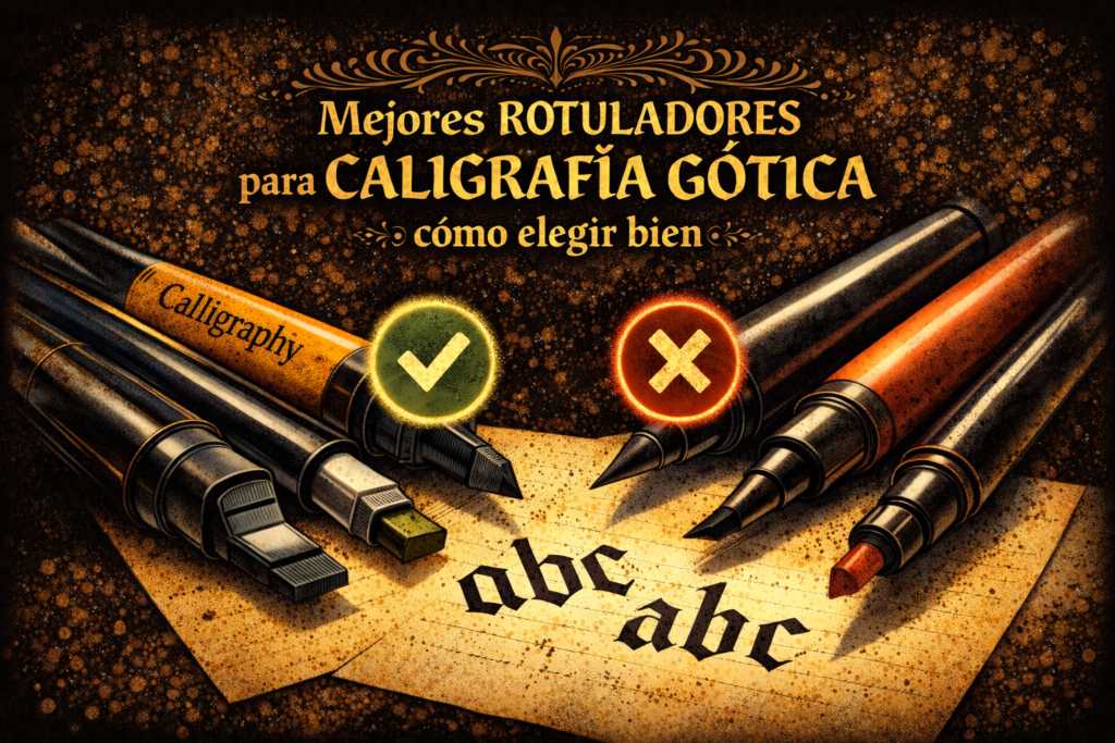 Rotuladores para caligrafía gótica con punta biselada y brush comparados sobre papel con letras góticas