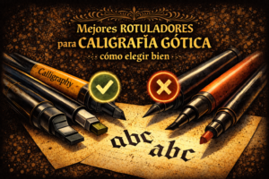 Rotuladores para caligrafía gótica con punta biselada y brush comparados sobre papel con letras góticas