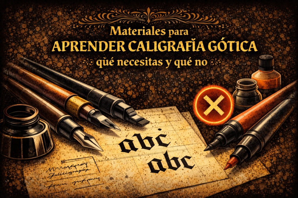 Materiales para caligrafía gótica con plumas, rotuladores, tinta y papel de práctica en estética gótica