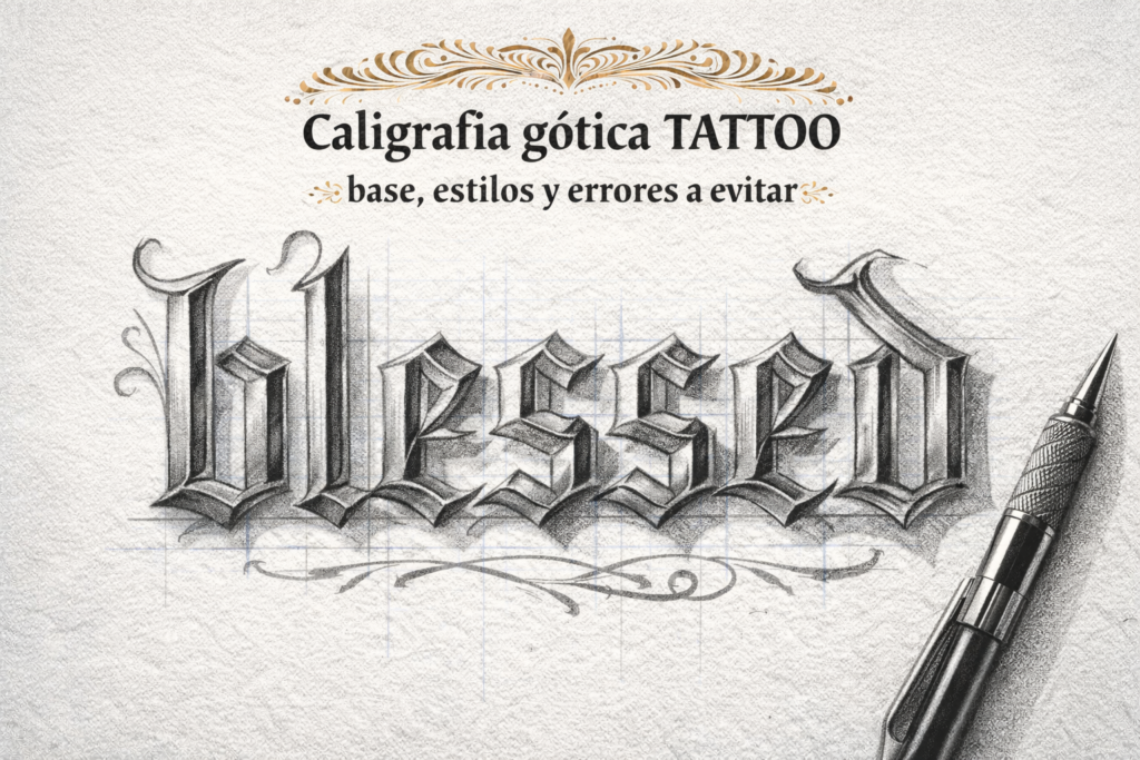 Boceto a lápiz de la palabra “blessed” en caligrafía gótica para tattoo con efecto bisel metálico sobre papel texturizado