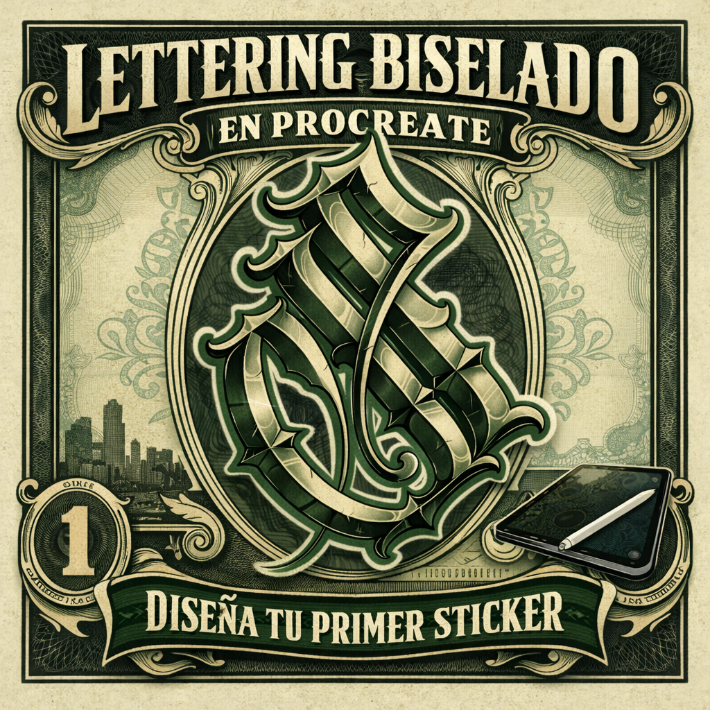 Lettering biselado en Procreate para diseñar stickers profesionales paso a paso